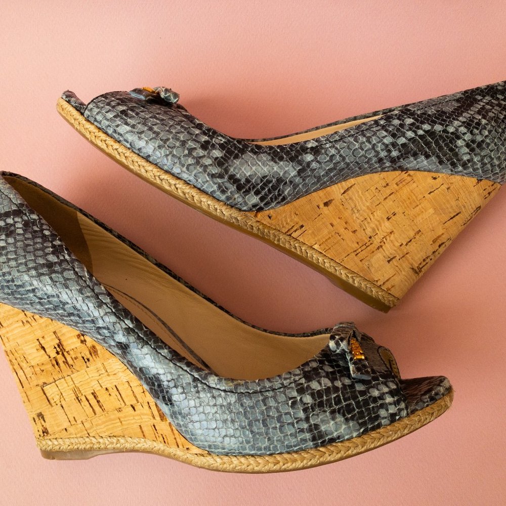 PRADA Wedge Platform Espadrille Blue Black Leather Snakeskin Peep Toe 36.5/6.5